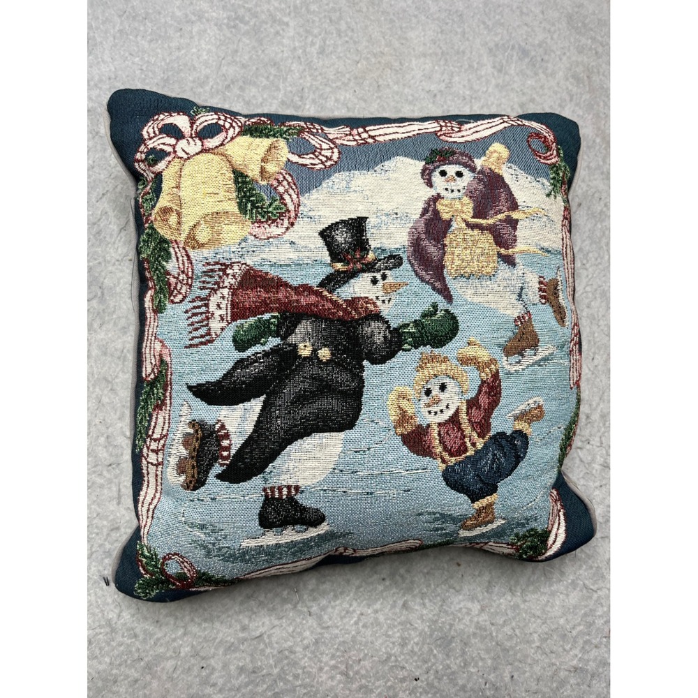 Vintage Christmas Tapestry Throw Pillow Ice Skating Snowmen Holiday‎ Decor